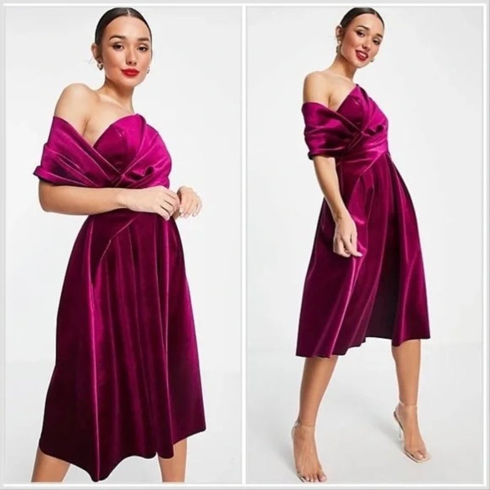 ASOS DESIGN Velvet Bare Shoulder Prom Midi Dress in Berry sz 6
